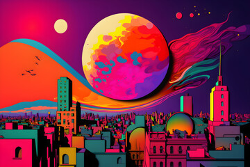 A colorful city at night with a big moon in the background, created with Generative AI technology 