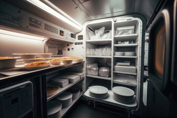 Aircraft galley and food service. AI generated - obrazy, fototapety, plakaty