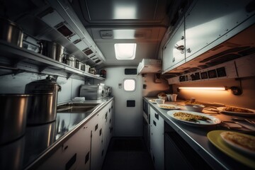 Aircraft galley and food service. AI generated - obrazy, fototapety, plakaty