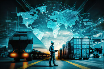 Manager or engineer checks logistics network distribution and logistics customer data on Import export global network background. Transport and logistics concept. AI generated illustration.