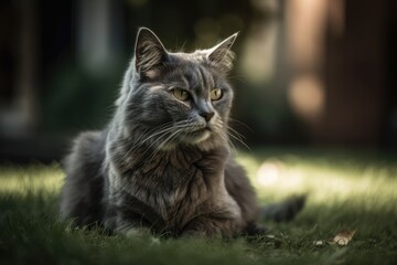 Naklejka na ściany i meble Gray the lovely cat is unsatisfied as she sits on a green lawn outside. Generative AI