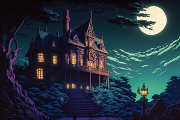 A Creepy House At The Coast At Full Moon. Generative AI illustration