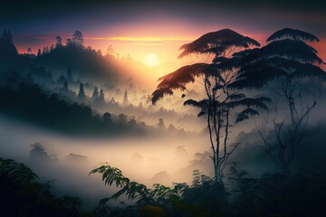 Sunset On A Misty Rainforest. Generative AI Illustration