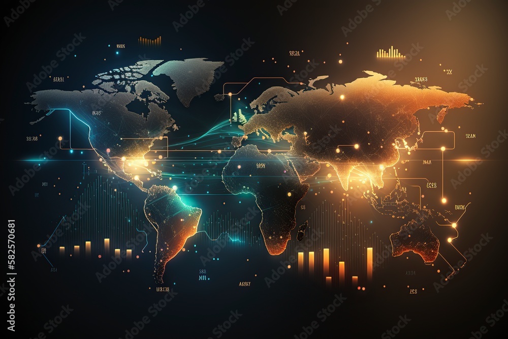 Wall mural illustration, global trade market concept with glowing business, ai generative