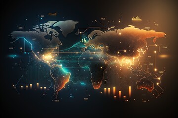 illustration, global trade market concept with glowing business, ai generative
