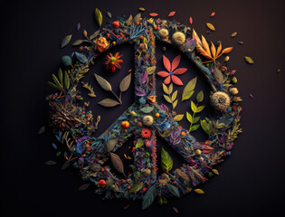 Peace symbol made by floral elements created with Generative AI technology