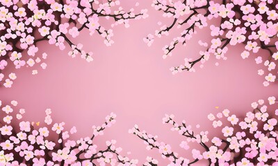 Spring flower border or background pattern with pink cherry blossom, beautiful background, fantasy, generated in AI