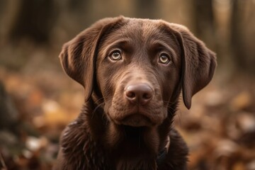 Young brown Labrador puppy portrait taken in an autumnal woodland. Generative AI