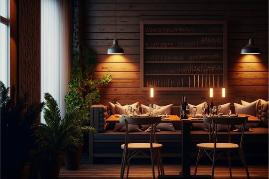 Sophisticated restaurant interior design with modern furniture and warm lighting