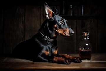 Fototapeta na wymiar Dog. Seated on a table against the wooden planks as a backdrop. Doberman. A little dog. Miniature Pinscher. Dog in sweater. Dog in proximity to a glass bottle. A dog in the countryside. Photographs of