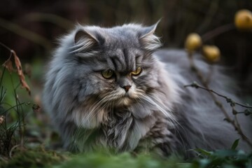 Naklejka na ściany i meble A gray British fluffy cat with yellow eyes plays and eats in the garden. Generative AI