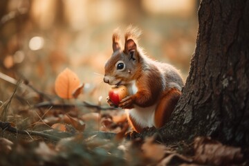 Naklejka na ściany i meble A cute squirrel is consuming fruit from a tree. Generative AI