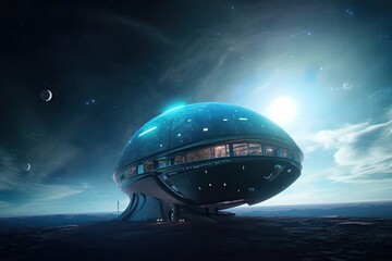 Naklejka na ściany i meble A futuristic spaceship cabin surrounded by a blue halo, the end of time, the last adventure through space. Generative AI.