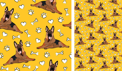 German Shepherd dog on a playful yellow background with bones and paws. Funky, colorful vibe, vibrant palette. Simple, clean, modern texture. Summer seamless pattern with dogs. Birthday present. Love