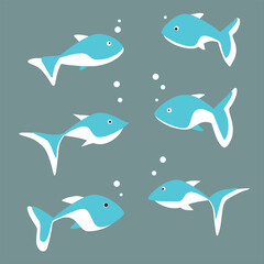 Set of small and large blue marine fish swim on blue background. Cartoon nautical characters live in ocean. Wild nature of aquatic environment.