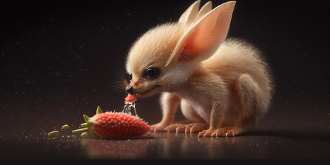 Cute and Quirky: Capturing the Adorable Moment of a Baby Fennec Sneezing on a Strawberry Generative AI