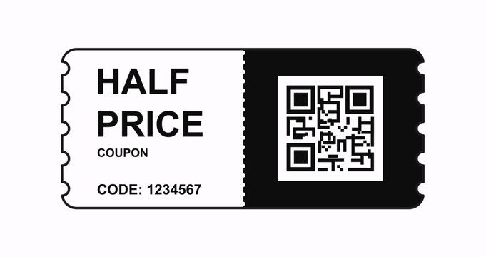 Black and white coupon or ticket. Discount template for half price. Special offer for consumers and clients. Big Sale or Black Friday. Cartoon flat vector illustration isolated on white background