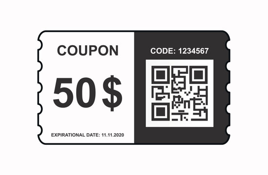 Black and white coupon or ticket. Coupon template with QR code for fifty dollars. Super sale or great special offer. Holiday discounts. Cartoon flat vector illustration isolated on white background