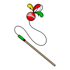 Cartoon cat teaser wand with ball and feathers. Cat toys for indoor cats, kitten interactive training. Accessories for pet shop. Care supplies for domestic animals. Vector isolated illustration.