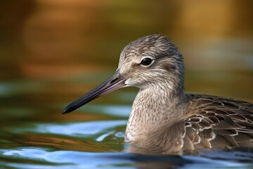 Obraz premium Willet (tringa semipalmata) Portrait and detail in Canada, with a stunning clean and blue lake with a large waterbird. Generative AI