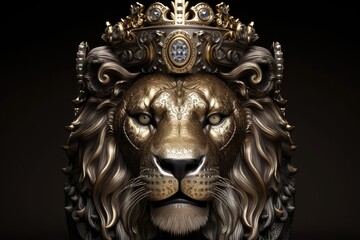 Obraz premium Lion face with diamonds and gold crown. Generative AI.