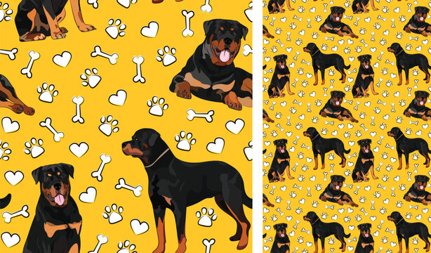 Rottweiler dog on a playful yellow background with bones and paws. Funky, colorful vibe, vibrant palette. Simple, clean, modern texture. Summer seamless pattern with dogs. Birthday present. Love style