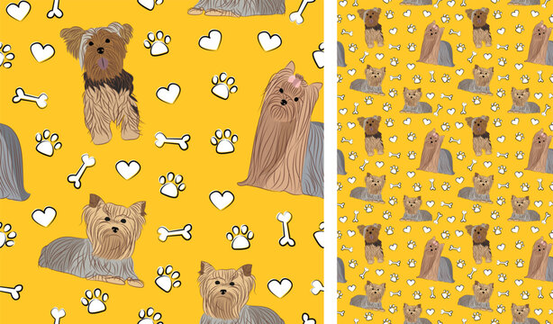 Yorkshire Terrier dog on a playful yellow background with bones and paws. Funky, colorful vibe, vibrant palette. Simple, clean, modern texture. Summer seamless pattern with dogs. Birthday present.