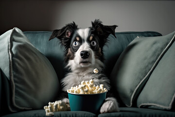 Dog is sitting on couch with popcorn and watching TV. Funny pet watching movie, relaxing on sofa. Created with Generative AI