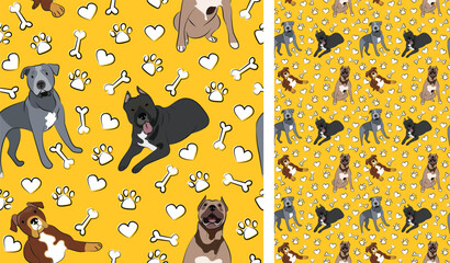 Pitbull dog on a playful yellow background with bones and paws. Funky, colorful vibe, vibrant palette. Simple, clean, modern texture. Summer seamless pattern with dogs.Birthday present.Love, valentine