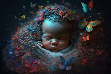 The Person The Child Dreaming in fantasy with colorful Butterflies Generative AI  