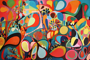 Fototapeta na wymiar Abstract stylized colors kitsch mid century modern art background. Generative ai.