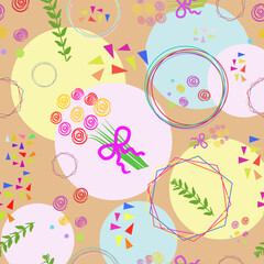 Abstract seamless pattern with elements of unusual bright colors, circles, triangles. Design for fabric, packaging, wallpaper