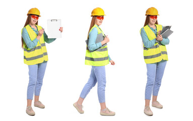 Collage of female engineer in safety vest on white background