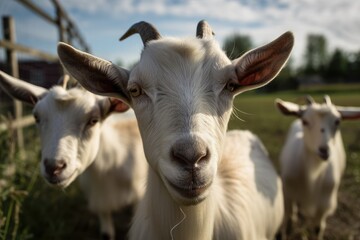 Naklejka na ściany i meble On a small farm in Ontario, Canada, there are Alpine and Saanan dairy goats. Generative AI