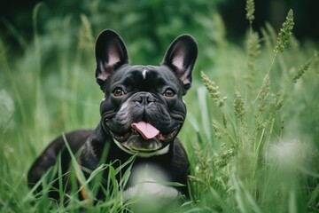 Fototapeta premium In the garden, there is a funny, crazy French bulldog. Generative AI