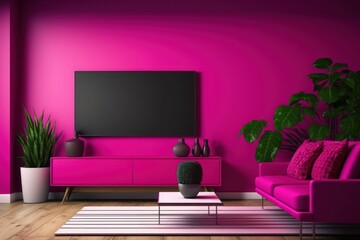 Minimalistic living room Background in trendy luxury viva magenta tone. Generative ai.
