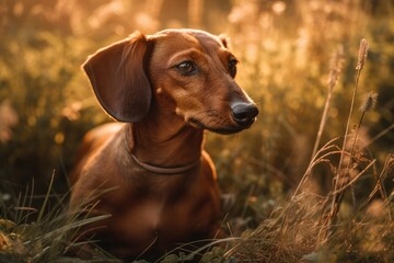 Red Dachshund puppy playing in the sunlight drenched meadow. Generative AI