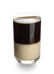Glass of tasty Cafe Bombon on white background