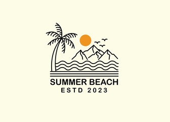 beach scene with palm trees in mono line art, patch badge design, emblem design, T-Shirt Design
