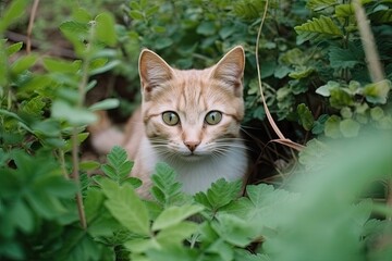 Naklejka na ściany i meble A adorable kitty among the herbs looks at the camera. View from the top. Make a copy of the spot. Generative AI
