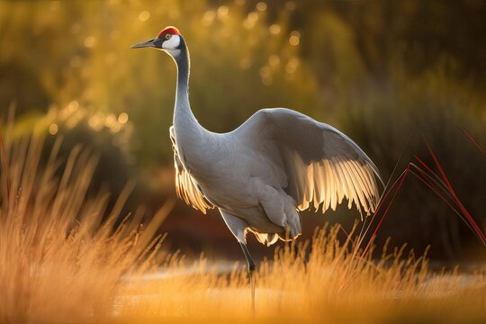 Elegant Brolga Dancing in the Australian Wetlands, created with Generative AI technology