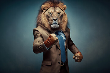 lion in a business suit raising paw, created with Generative AI technology