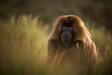 Social Gelada Baboon Lounging on the Ethiopian Highlands, created with Generative AI technology