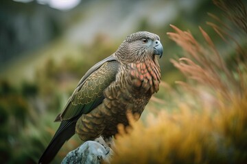 Inquisitive Kea Investigating the New Zealand Alpine Landscape, created with Generative AI technology