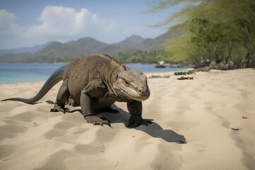 Fototapeta premium Menacing Komodo Dragon Lurking on the Indonesian Island, created with Generative AI technology