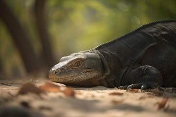 Obraz premium Menacing Komodo Dragon Lurking on the Indonesian Island, created with Generative AI technology