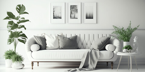 A Breath of Fresh Air: A White Minimalist Room with Sofa that Embraces Scandinavian Interior Design Generative AI