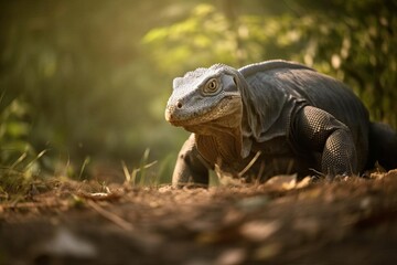 Obraz premium Menacing Komodo Dragon Lurking on the Indonesian Island, created with Generative AI technology