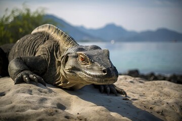 Fototapeta premium Menacing Komodo Dragon Lurking on the Indonesian Island, created with Generative AI technology