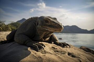 Fototapeta premium Menacing Komodo Dragon Lurking on the Indonesian Island, created with Generative AI technology